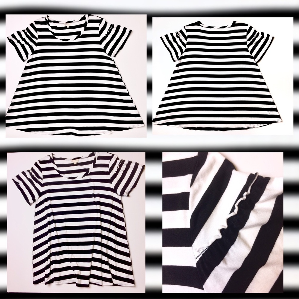 Black and White Hem & Thread Swing Top with Sleeve Ruffle Detail -L-